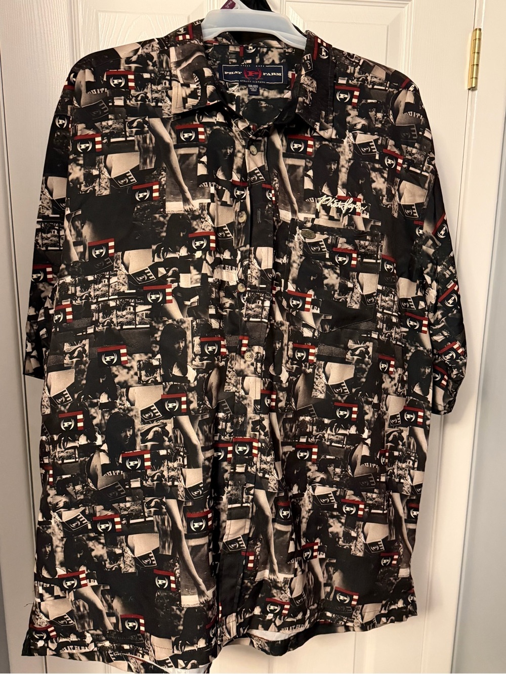 Phat Farm Men’s Short-Sleeve Button Shirt Jacket in Black, Cream & Red Accents